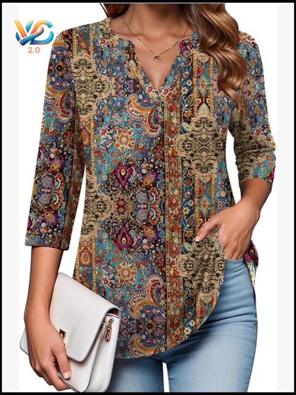 3/4 Sleeve V Neck Tunic Blouse Floral Print Dressy Casual Top Soft Stretchy